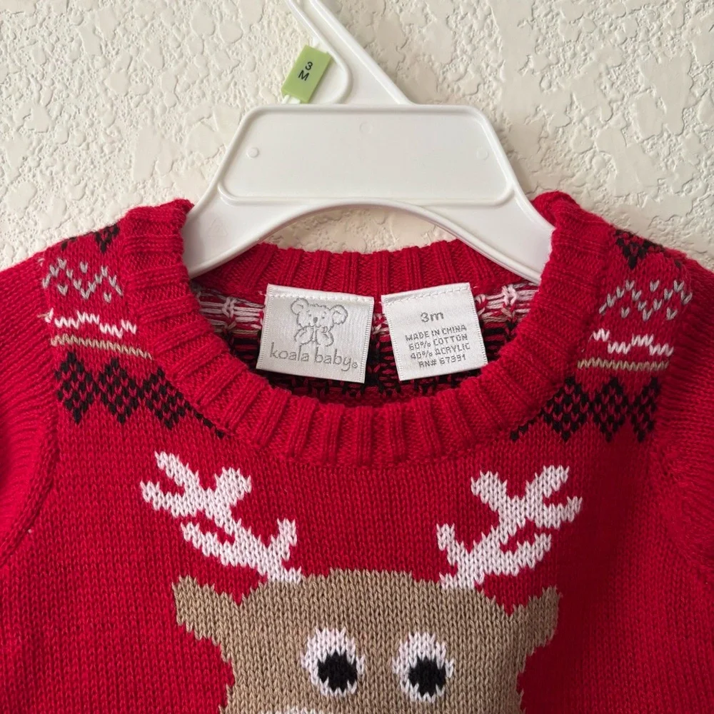 Koala Baby Red Christmas Holiday Reindeer Fair Isle Knit Sweater Size 3 Months